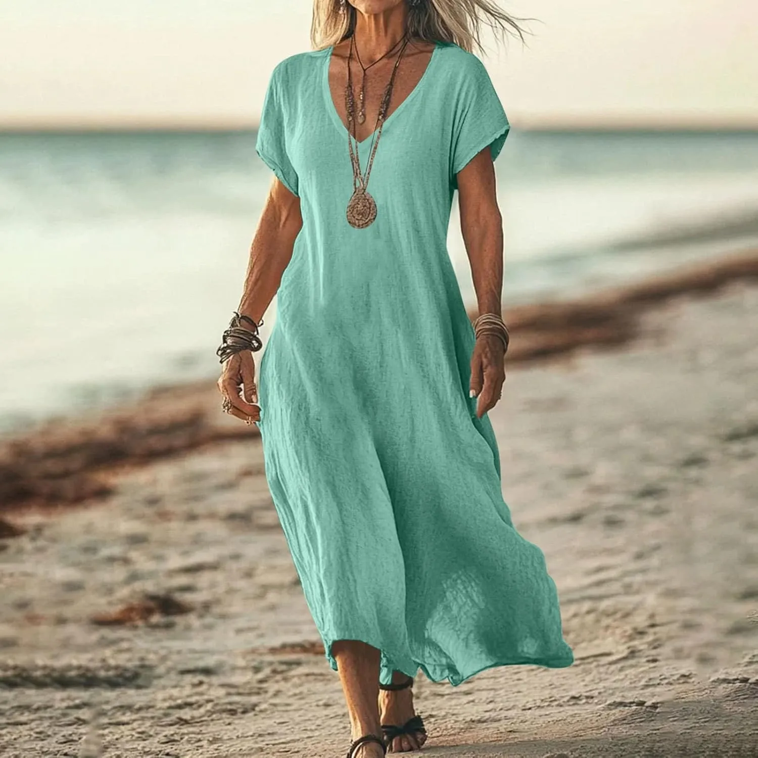 Linen Casual Dresses for Women Flowy V Neck Short Sleeve 2025 Maxi Dress Lightweight Summer Beach Vacation Clothes