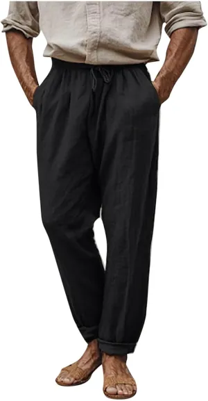 Linen Pants Men,Lightweight Drawstring Mens Casual Pants Relaxed Fit Summer Beach Trousers with Pockets