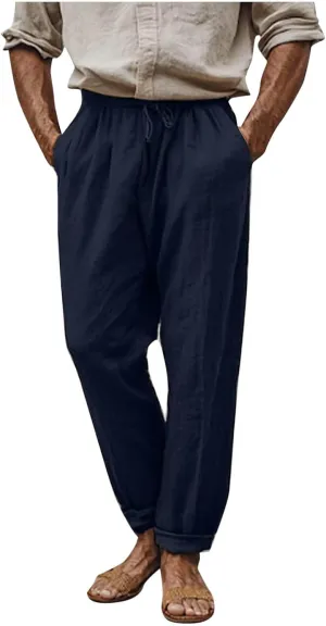 Linen Pants Men,Lightweight Drawstring Mens Casual Pants Relaxed Fit Summer Beach Trousers with Pockets