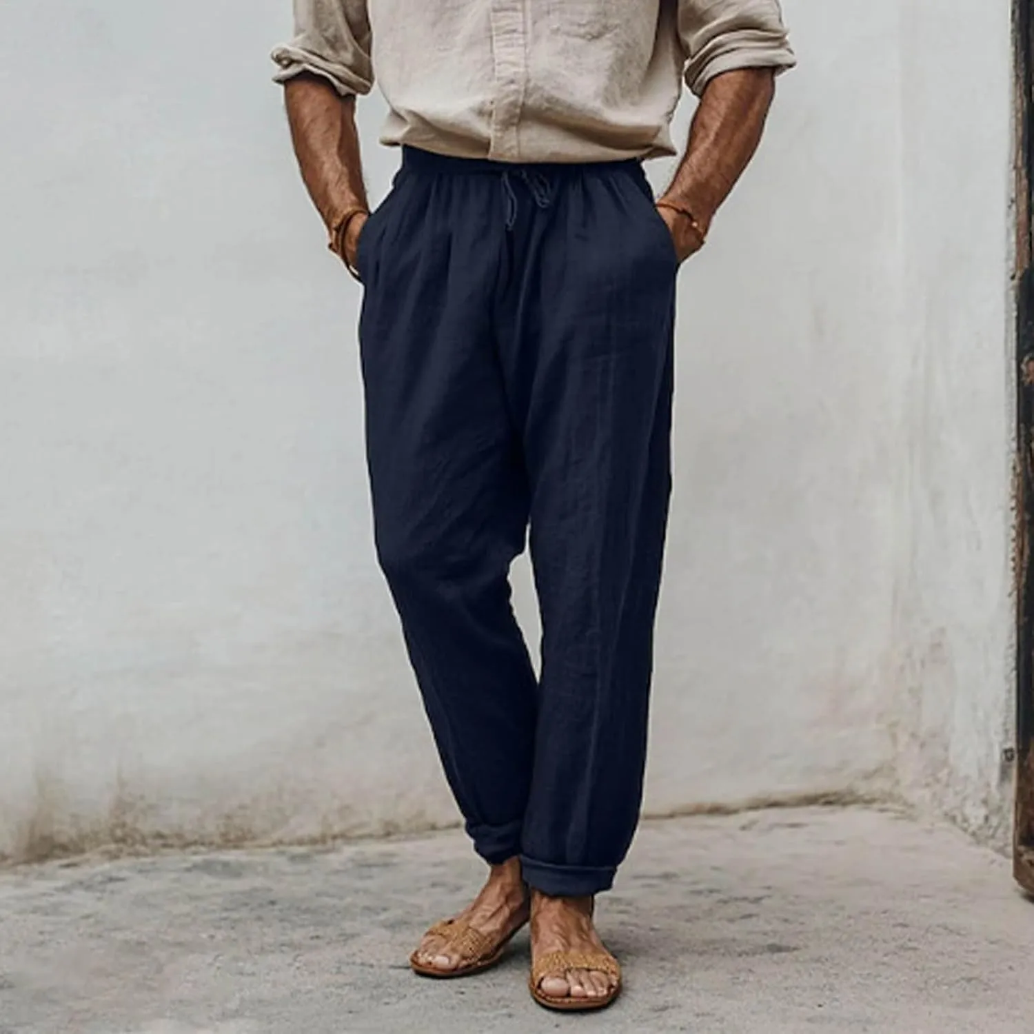 Linen Pants Men,Lightweight Drawstring Mens Casual Pants Relaxed Fit Summer Beach Trousers with Pockets
