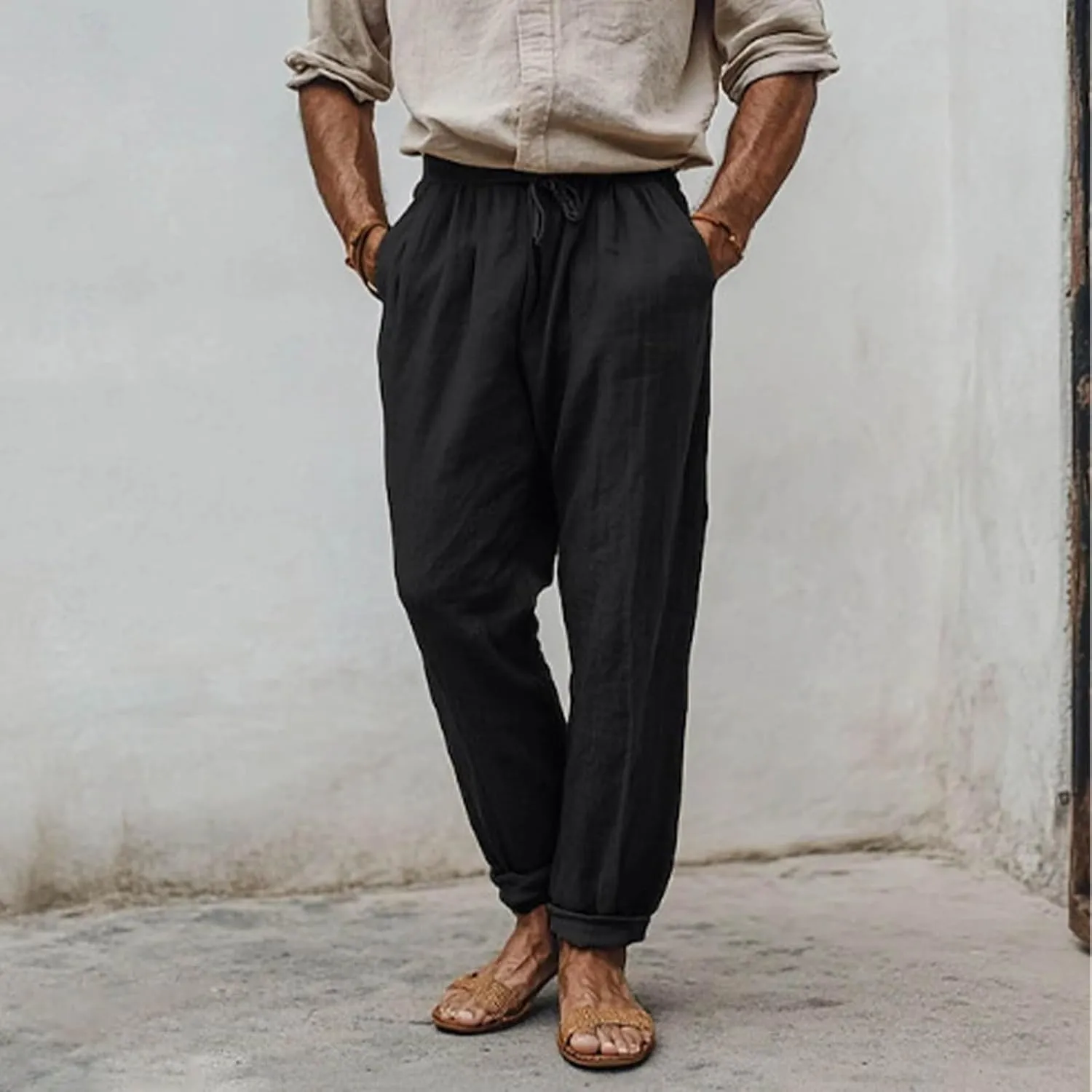 Linen Pants Men,Lightweight Drawstring Mens Casual Pants Relaxed Fit Summer Beach Trousers with Pockets