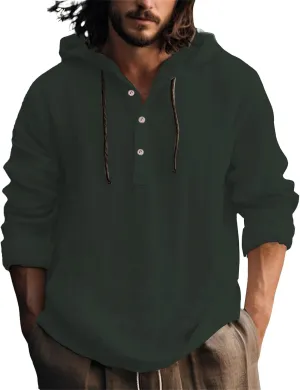 Linen Shirts for Men Breathable Quick Dry Button Up Long Sleeve Shirt with Hood Loose Summer Hoodies Casual Beach Tops