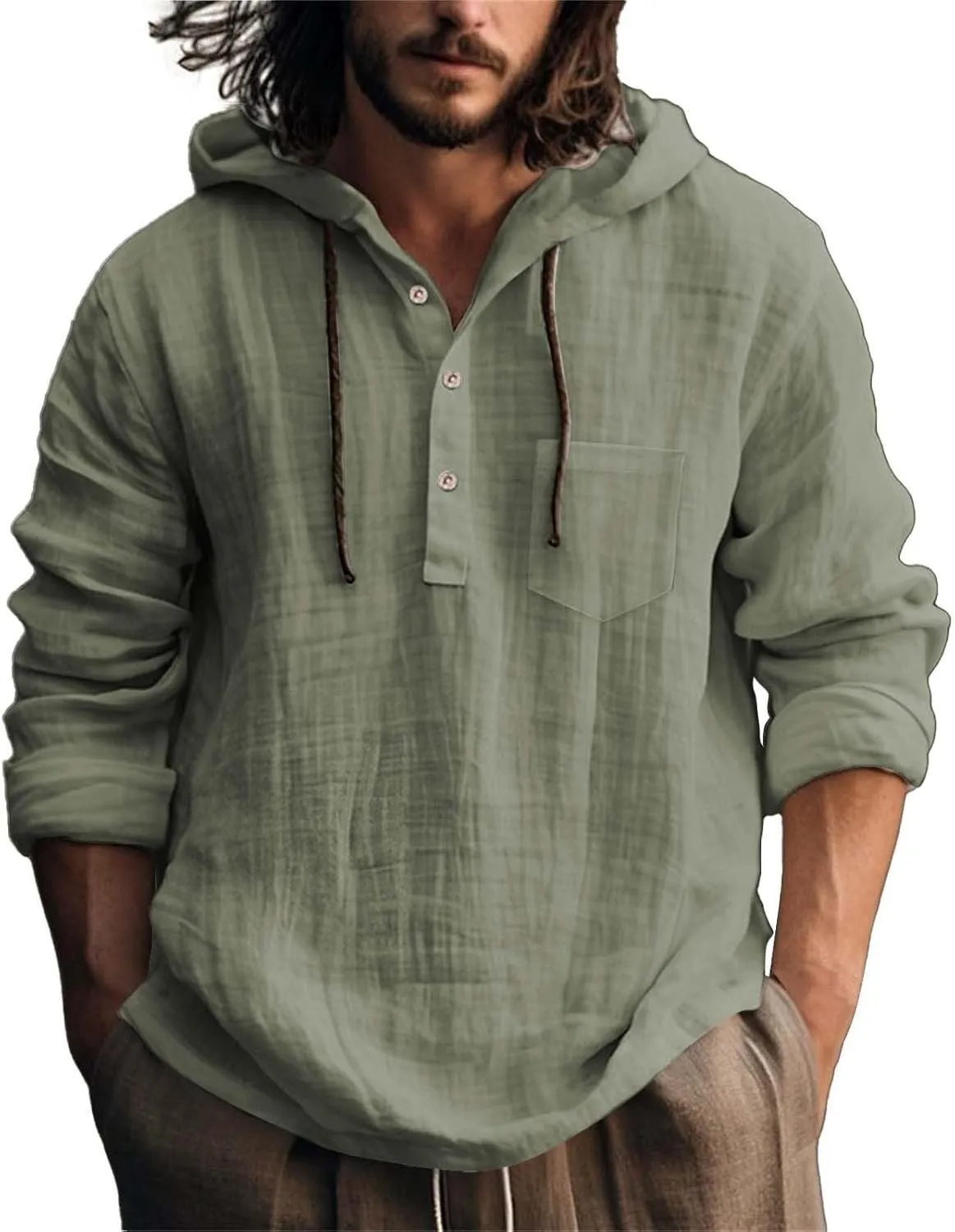 Linen Shirts for Men Lightweight Button Up Long Sleeve Hoodies Sweatshirts Lightweight Hawaiian Beach Hippie Shirt