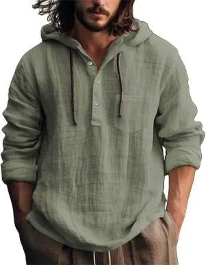 Linen Shirts for Men Lightweight Button Up Long Sleeve Hoodies Sweatshirts Lightweight Hawaiian Beach Hippie Shirt