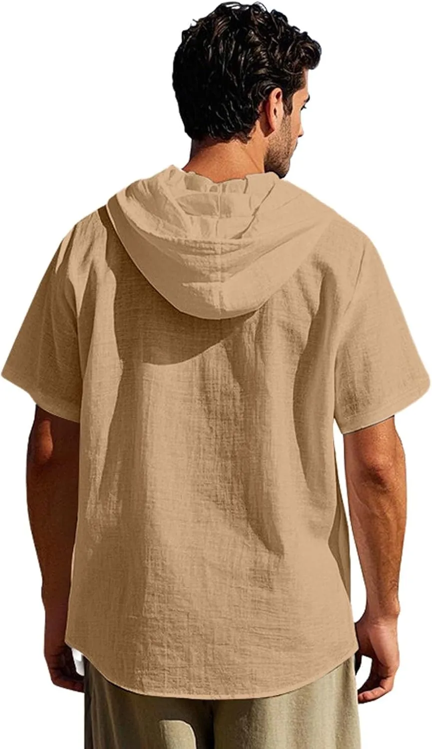 Linen Shirts for Mens Fashion Summer Cotton Linen Hooded Shirt Short Sleeve Casual Button Down Hipster Beach Blouses