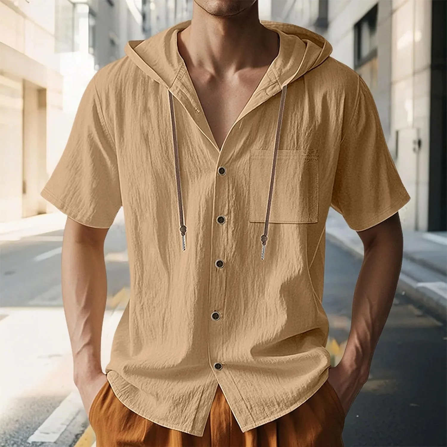 Linen Shirts for Mens Fashion Summer Cotton Linen Hooded Shirt Short Sleeve Casual Button Down Hipster Beach Blouses