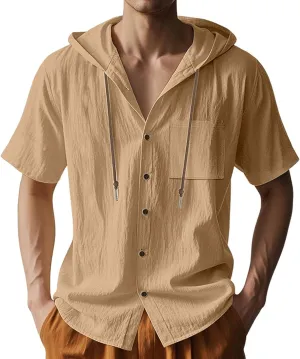 Linen Shirts for Mens Fashion Summer Cotton Linen Hooded Shirt Short Sleeve Casual Button Down Hipster Beach Blouses