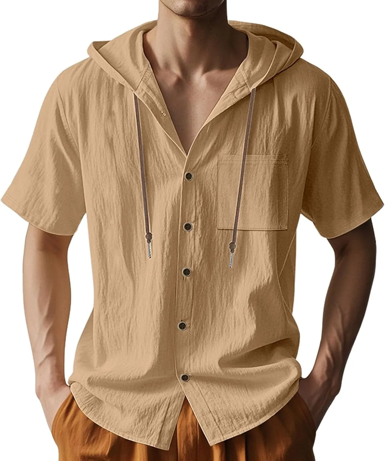 Linen Shirts for Mens Fashion Summer Cotton Linen Hooded Shirt Short Sleeve Casual Button Down Hipster Beach Blouses