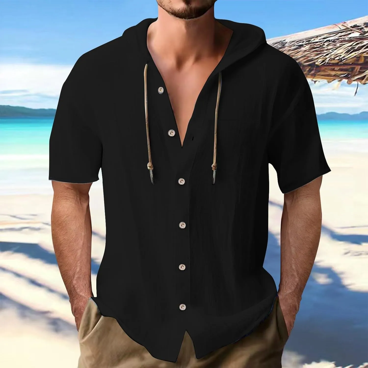 Linen Shirts Mens Vintage Bohemia Cotton Button Down Beach Hippie Shirt Summer Casual Lace Up Long Sleeve Hoodies