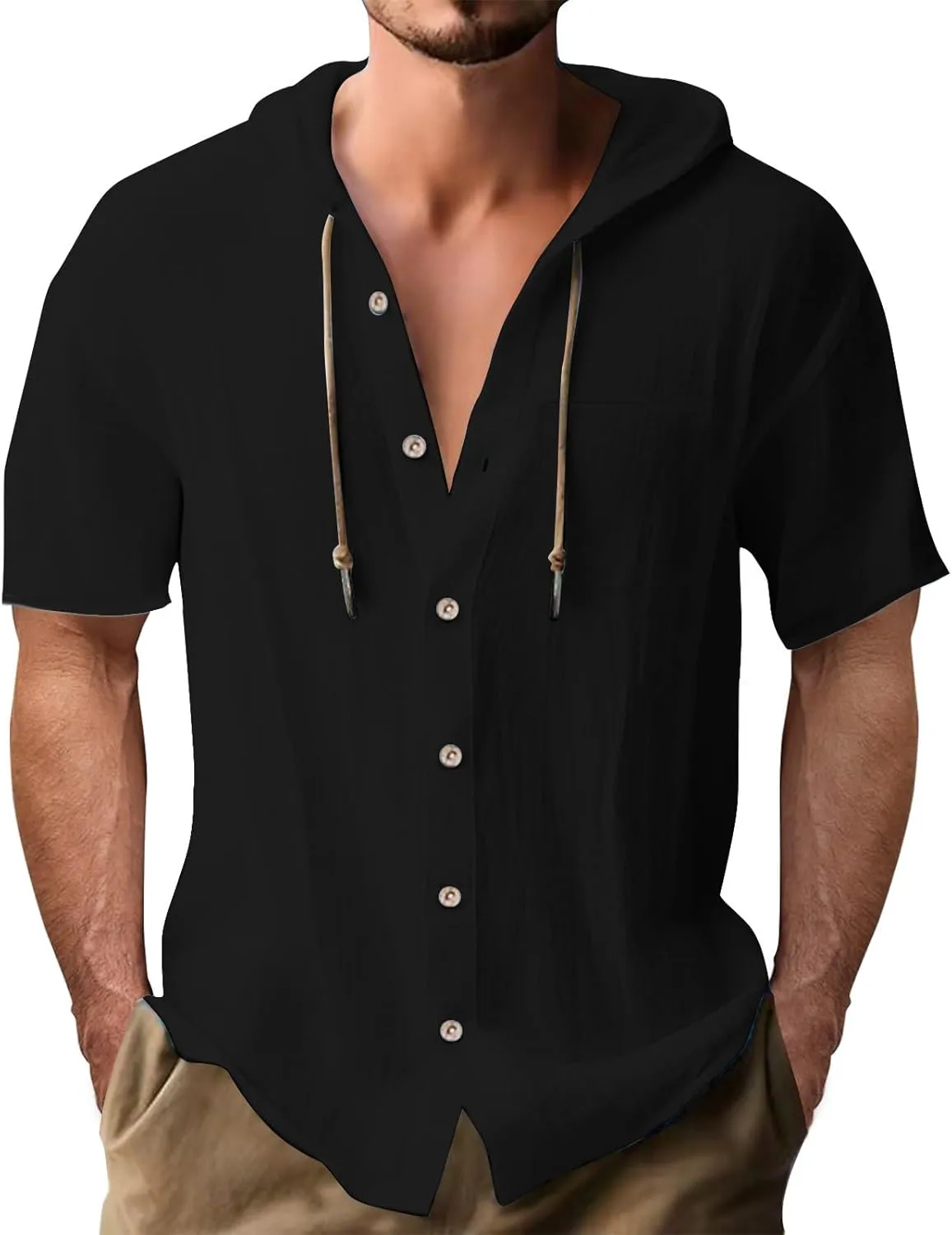 Linen Shirts Mens Vintage Bohemia Cotton Button Down Beach Hippie Shirt Summer Casual Lace Up Long Sleeve Hoodies