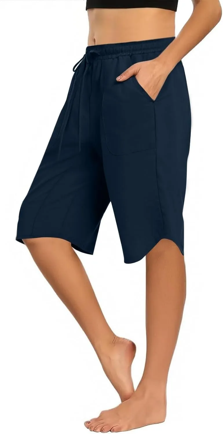 Linen Shorts for Women 2025 Knee Length Casual Summer Drawstring Waist Shorts Lightweight Loose Beach Pants