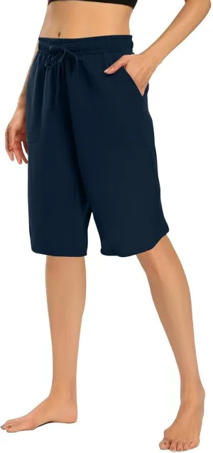 Linen Shorts for Women 2025 Knee Length Casual Summer Drawstring Waist Shorts Lightweight Loose Beach Pants