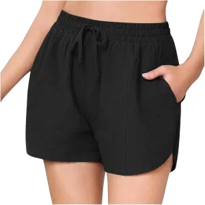 Linen Shorts for Women 2025 Trendy Summer Plus Size Comfy Drawstring Casual Pants Elastic Waist Wide Leg Shorts