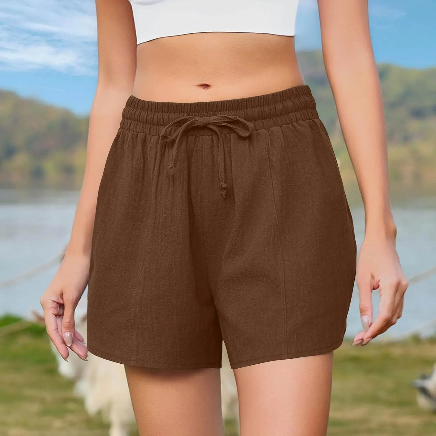 Linen Shorts for Women 2025 Trendy Summer Plus Size Comfy Drawstring Casual Pants Elastic Waist Wide Leg Shorts