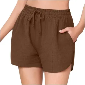 Linen Shorts for Women 2025 Trendy Summer Plus Size Comfy Drawstring Casual Pants Elastic Waist Wide Leg Shorts