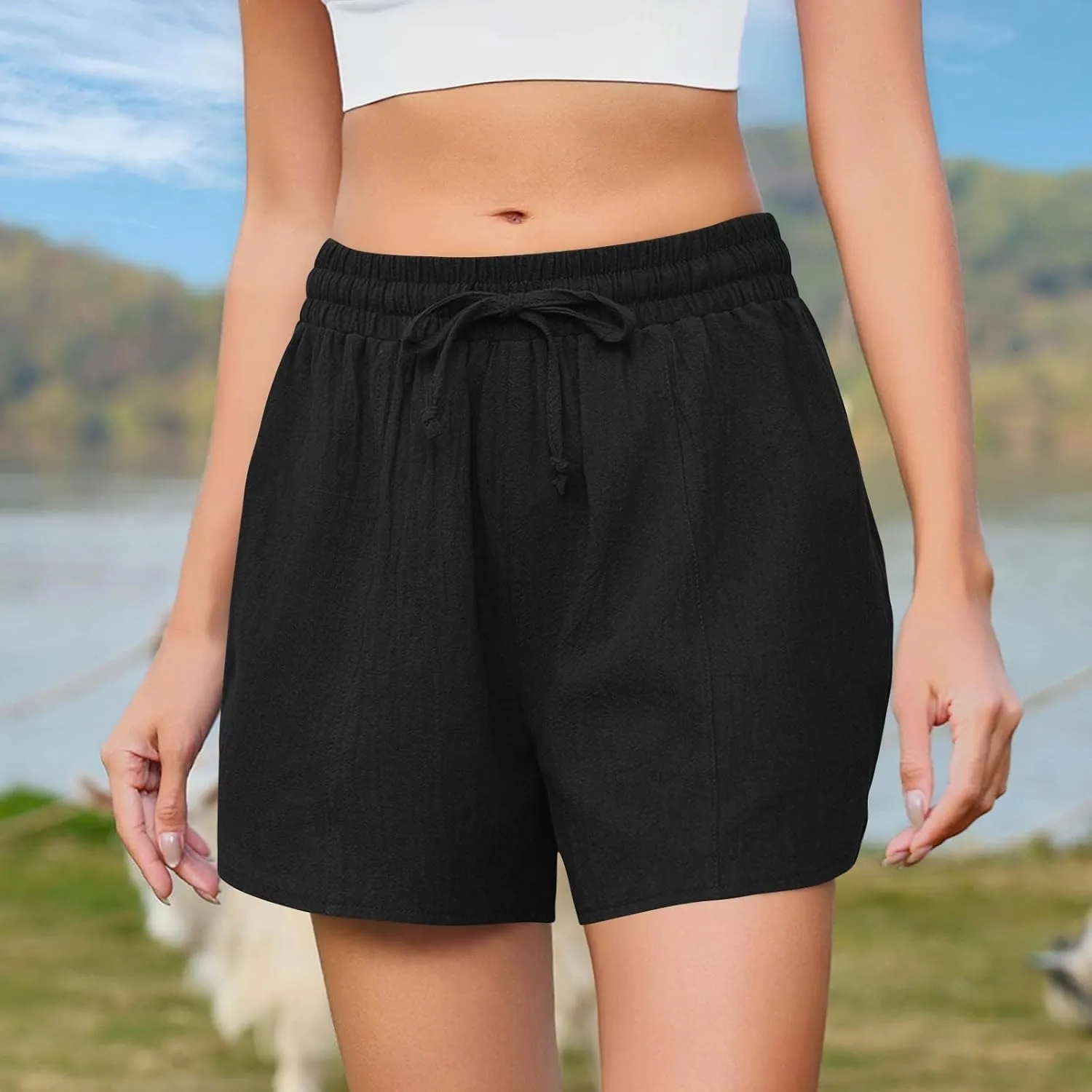 Linen Shorts for Women 2025 Trendy Summer Plus Size Comfy Drawstring Casual Pants Elastic Waist Wide Leg Shorts