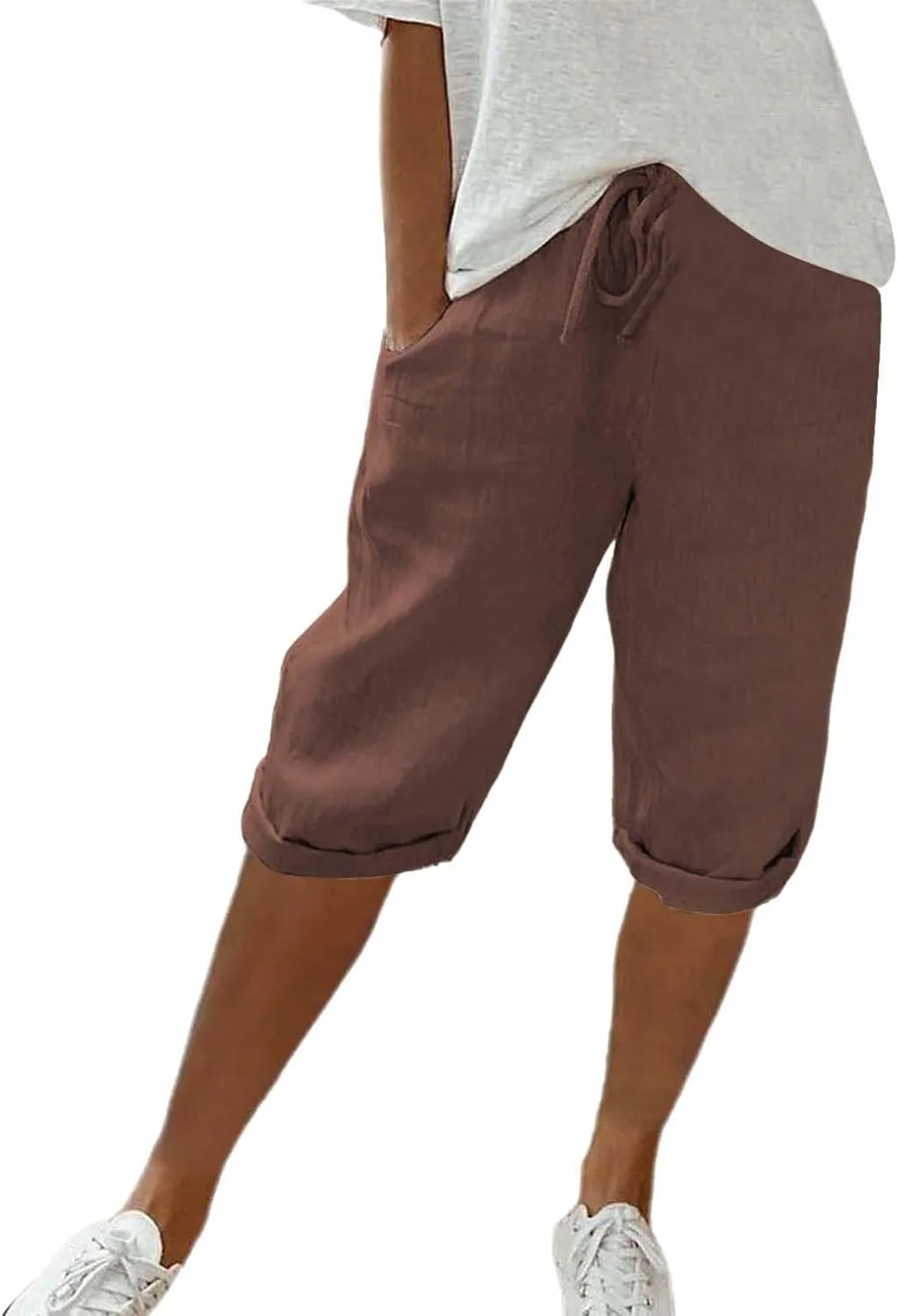 Linen Shorts for Women Knee Length Bermuda Shorts Drawstring Elastic Waist Shorts Casual Athletic Shorts Beach Shorts
