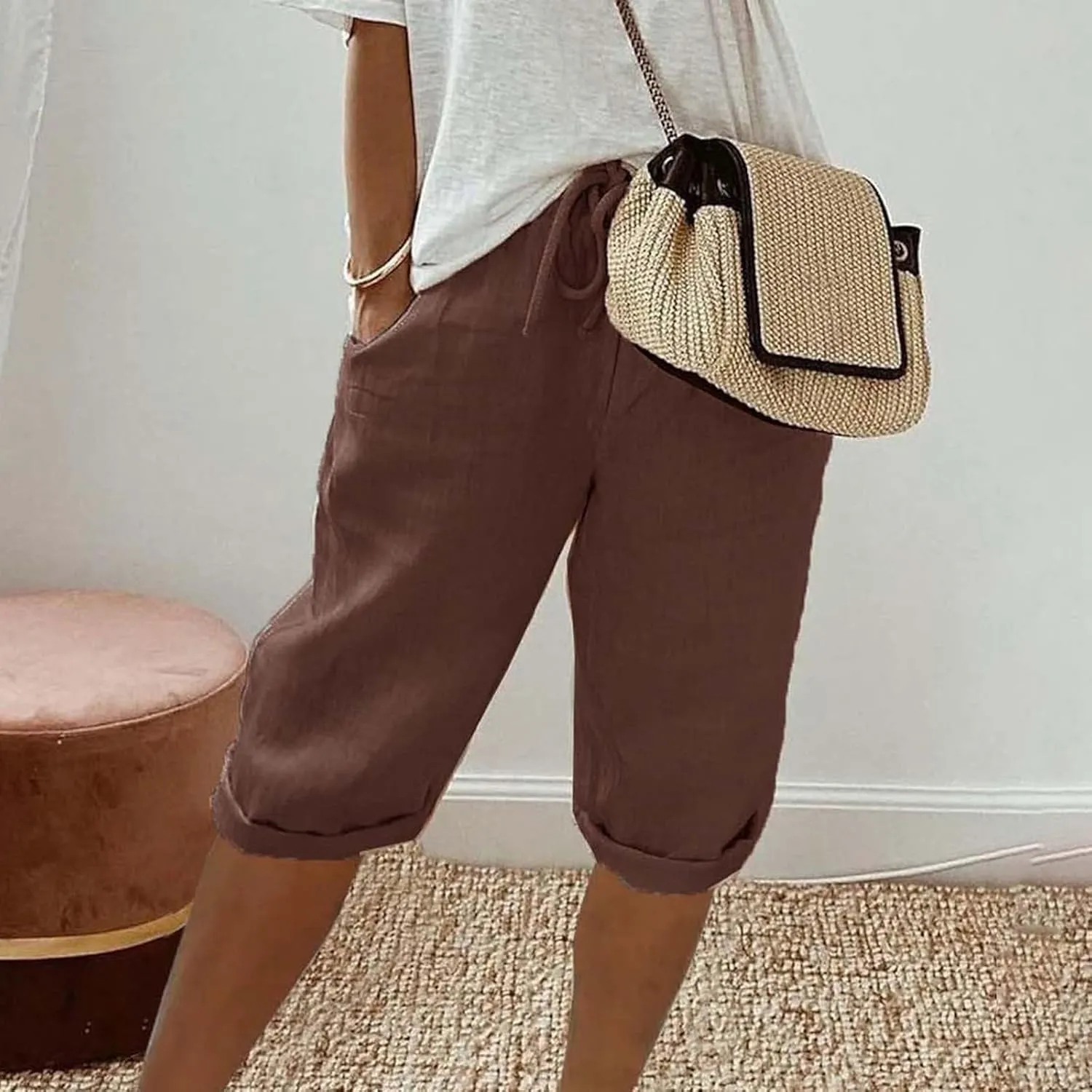 Linen Shorts for Women Knee Length Bermuda Shorts Drawstring Elastic Waist Shorts Casual Athletic Shorts Beach Shorts