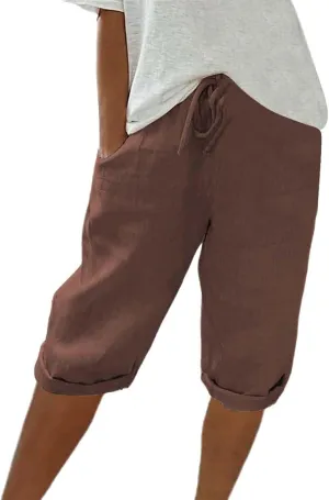 Linen Shorts for Women Knee Length Bermuda Shorts Drawstring Elastic Waist Shorts Casual Athletic Shorts Beach Shorts