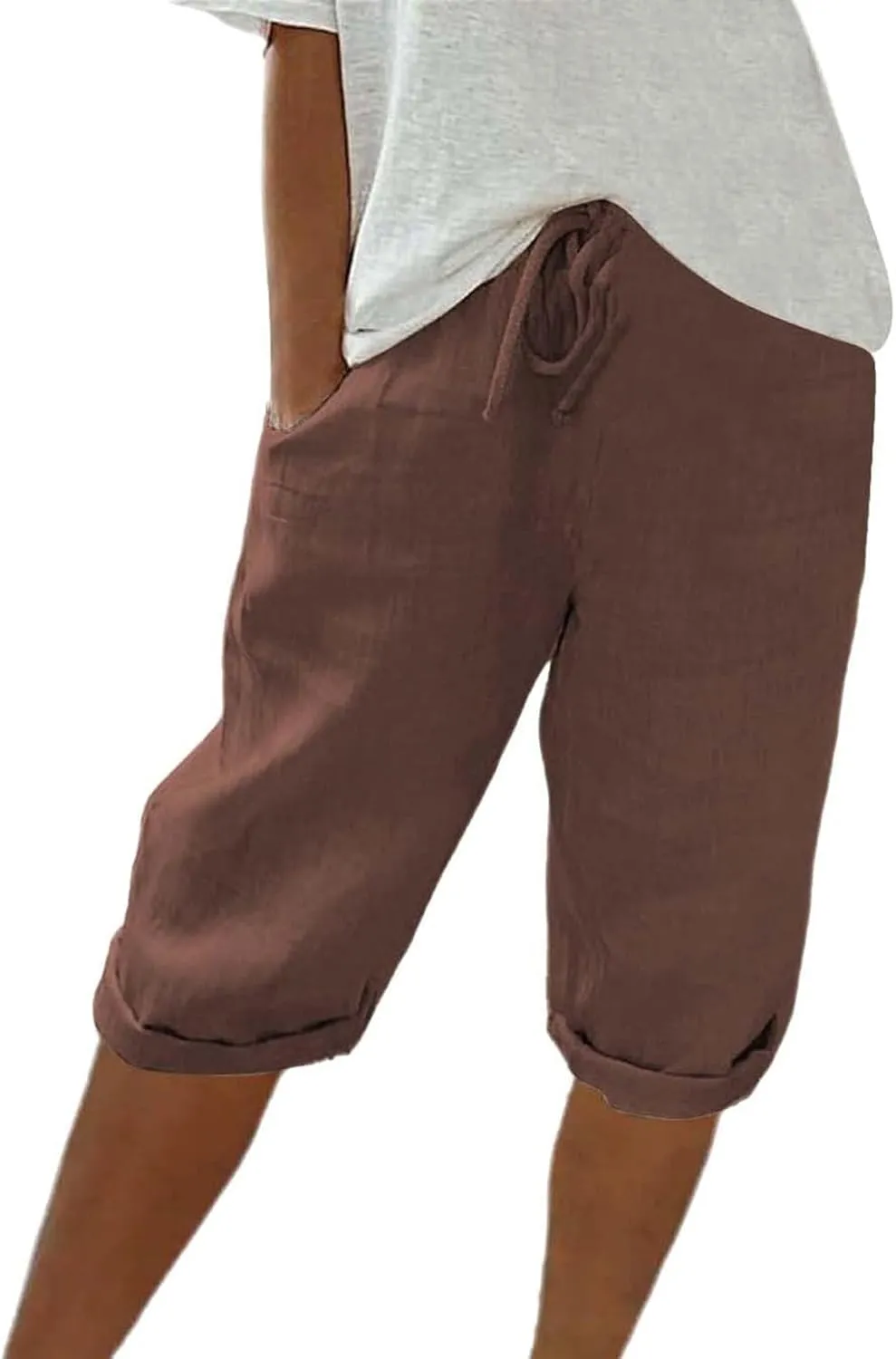 Linen Shorts for Women Knee Length Bermuda Shorts Drawstring Elastic Waist Shorts Casual Athletic Shorts Beach Shorts