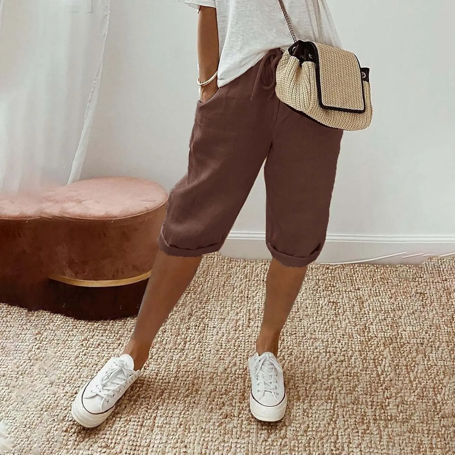 Linen Shorts for Women Knee Length Bermuda Shorts Drawstring Elastic Waist Shorts Casual Athletic Shorts Beach Shorts