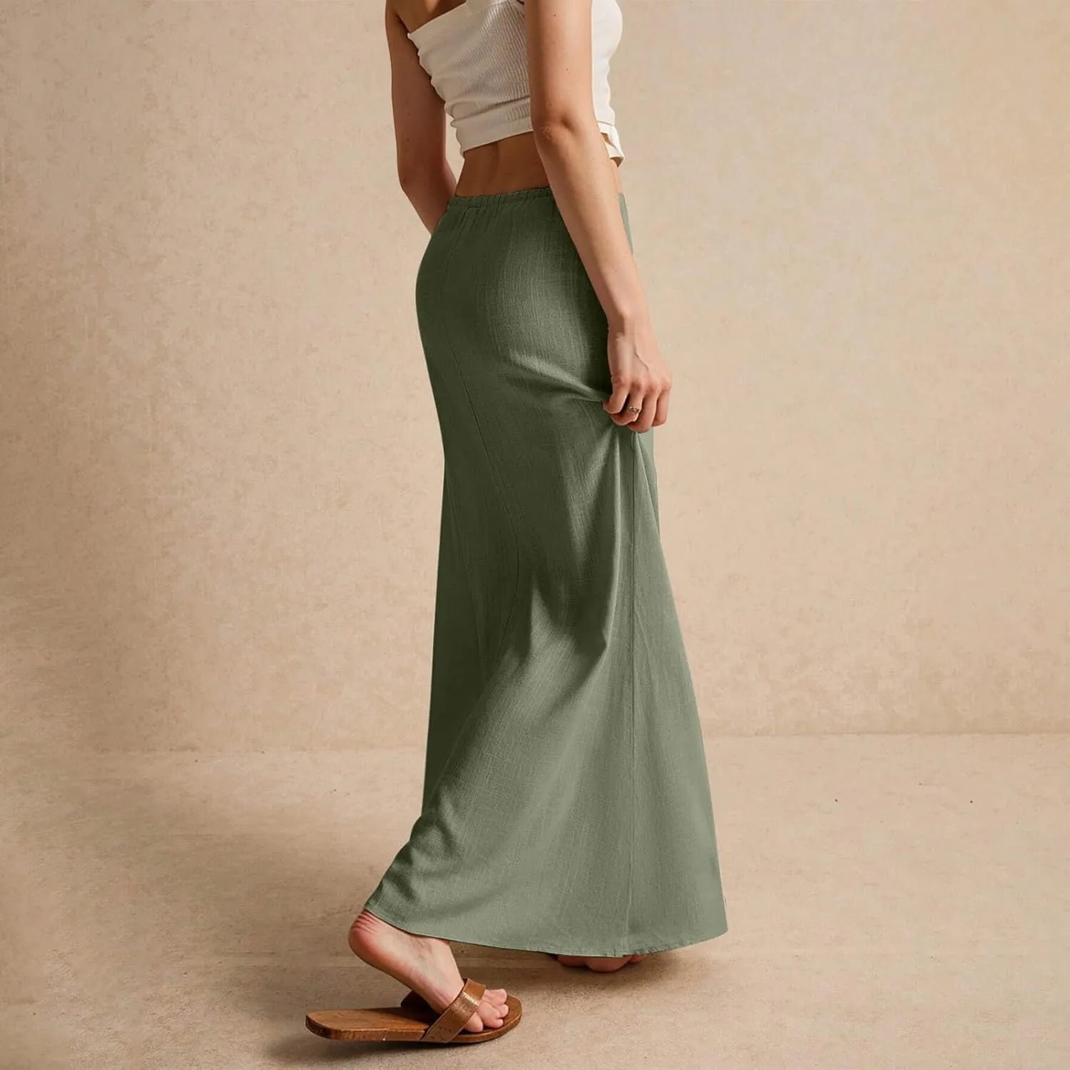 Linen Skirts for Women Trendy Summer Loose Low Rise Maxi Skirts Lightweight Drawstring Boho Beach A Line Long Skirt