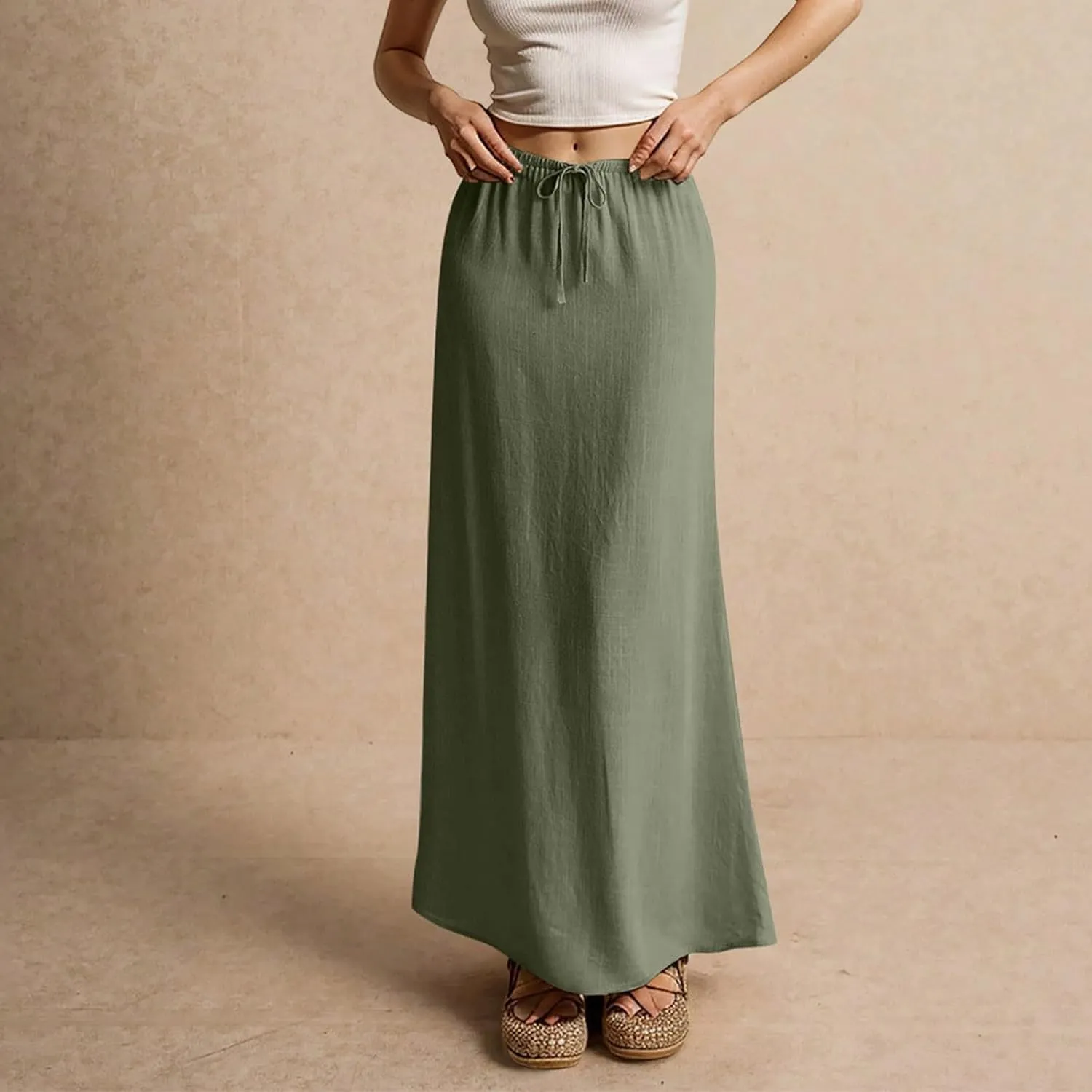 Linen Skirts for Women Trendy Summer Loose Low Rise Maxi Skirts Lightweight Drawstring Boho Beach A Line Long Skirt