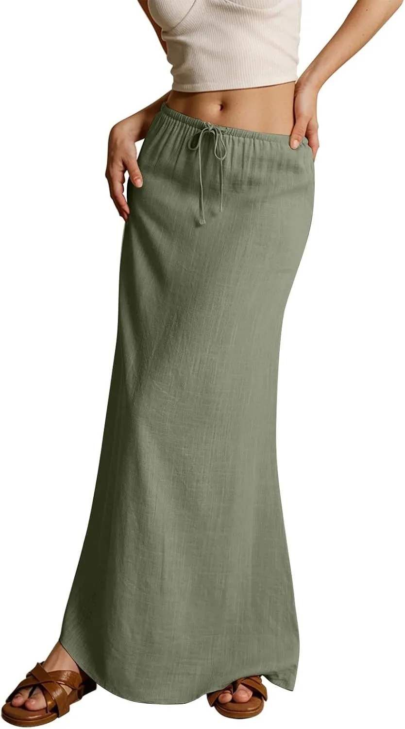 Linen Skirts for Women Trendy Summer Loose Low Rise Maxi Skirts Lightweight Drawstring Boho Beach A Line Long Skirt
