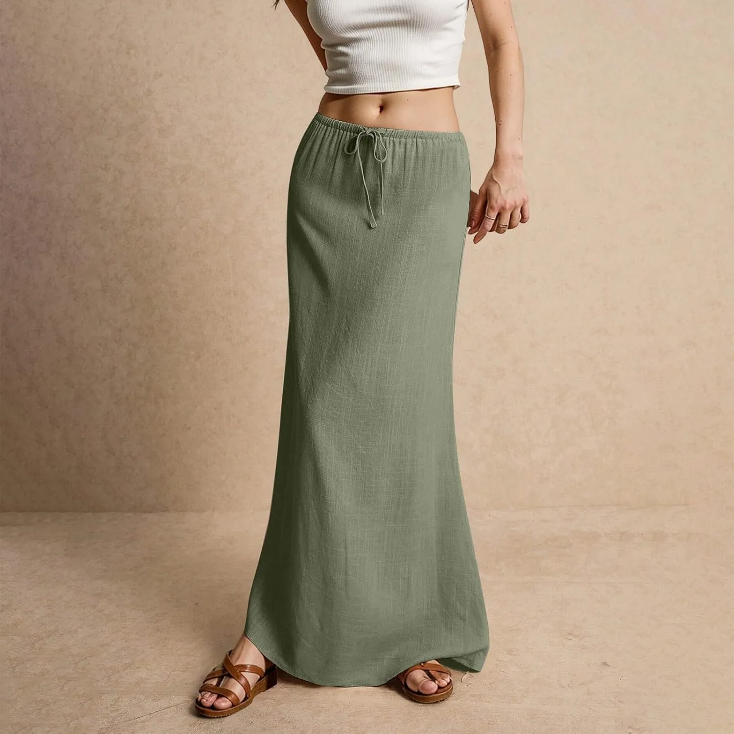 Linen Skirts for Women Trendy Summer Loose Low Rise Maxi Skirts Lightweight Drawstring Boho Beach A Line Long Skirt