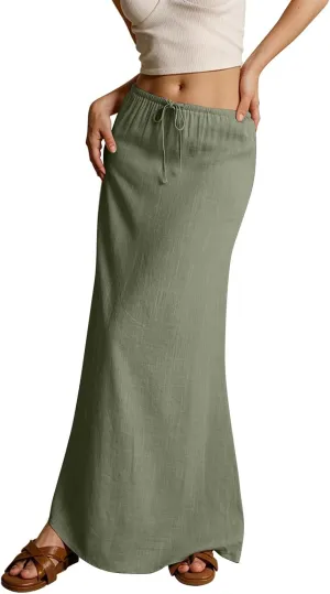 Linen Skirts for Women Trendy Summer Loose Low Rise Maxi Skirts Lightweight Drawstring Boho Beach A Line Long Skirt