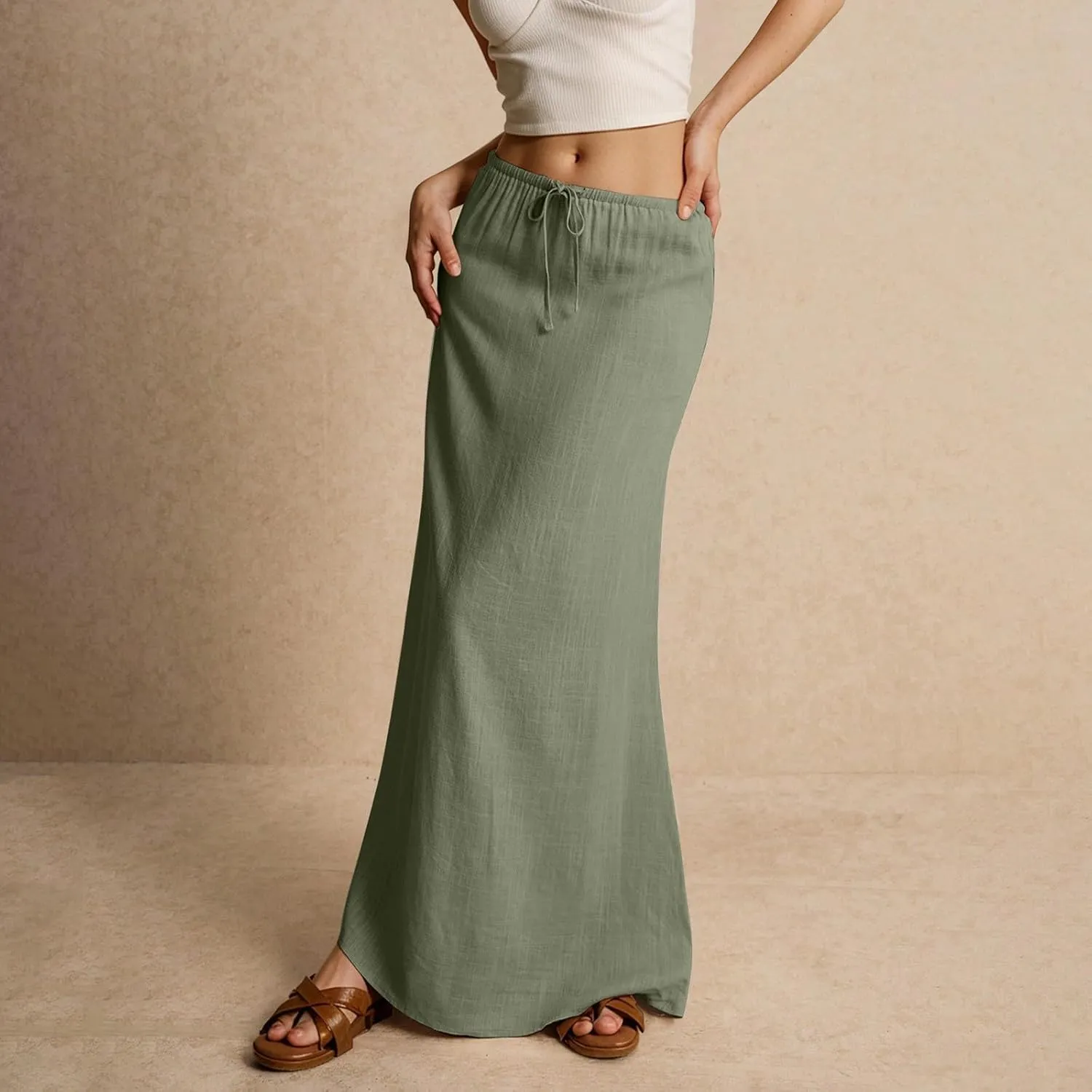 Linen Skirts for Women Trendy Summer Loose Low Rise Maxi Skirts Lightweight Drawstring Boho Beach A Line Long Skirt
