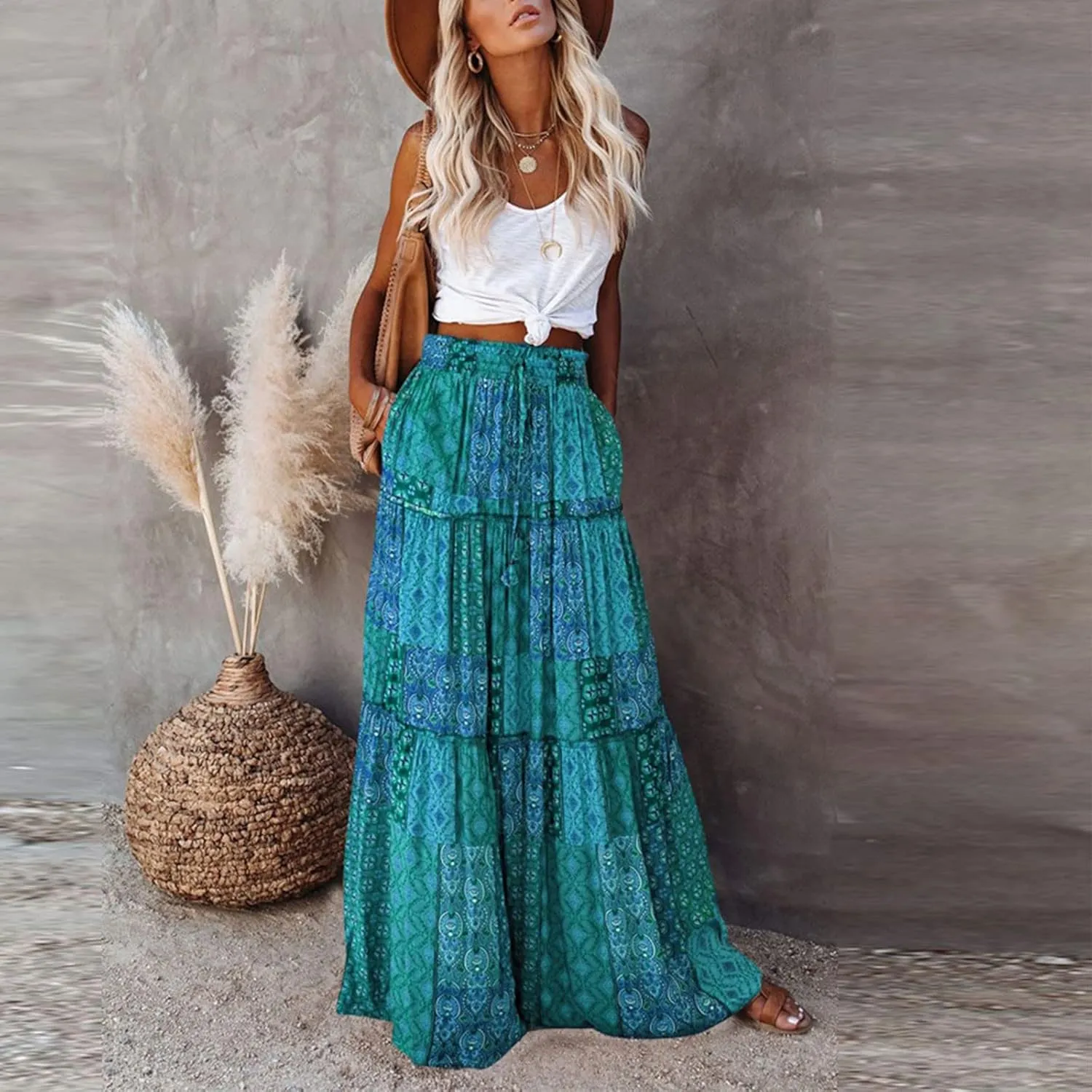 Long Boho Skirt for Women Casual High Waist Tie Paisley Print Maxi Skirt with Pockets Flowy Pleated Tiered Skirt