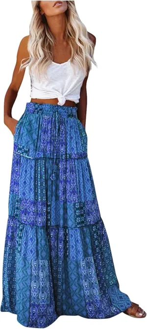 Long Boho Skirt for Women Casual High Waist Tie Paisley Print Maxi Skirt with Pockets Flowy Pleated Tiered Skirt