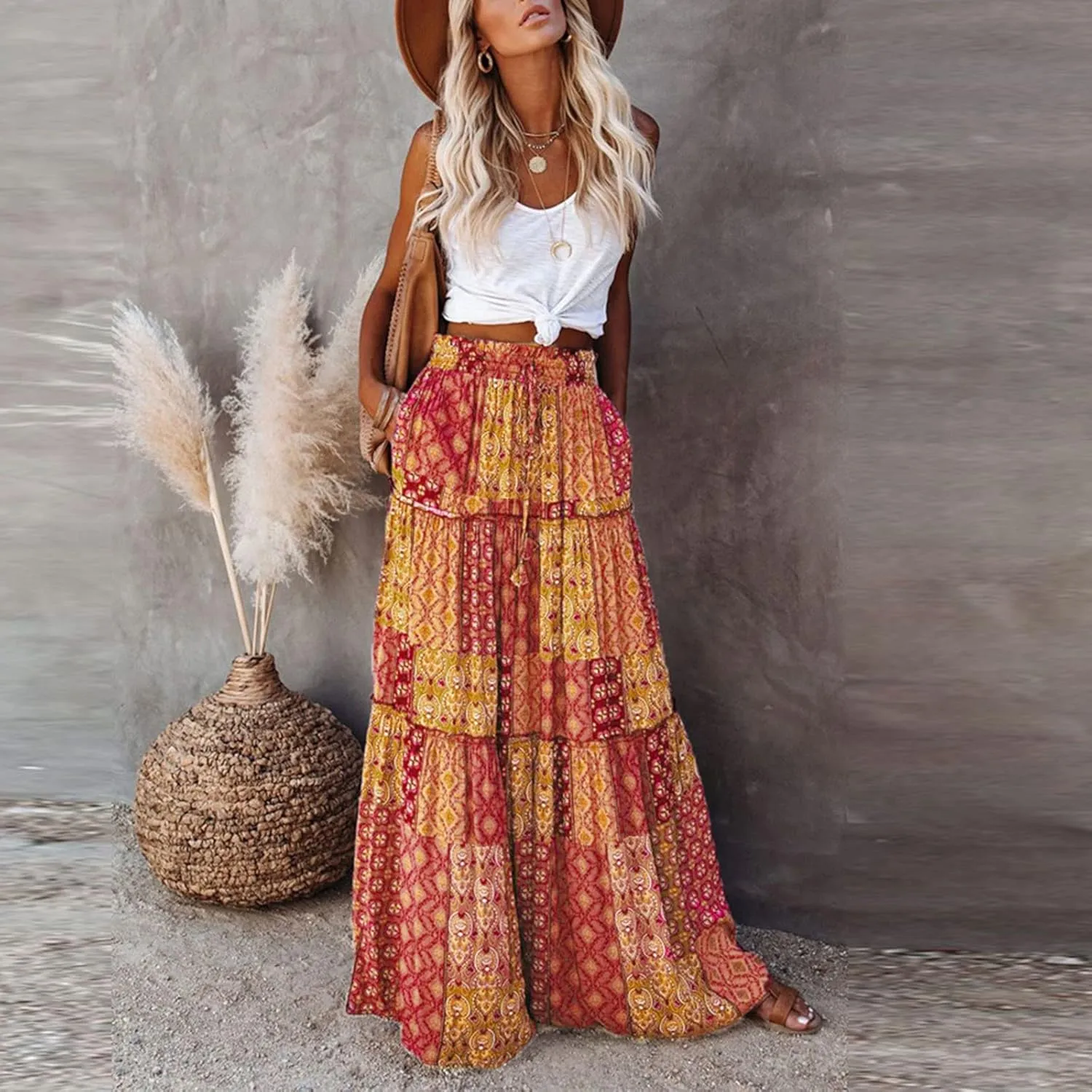 Long Boho Skirt for Women Casual High Waist Tie Paisley Print Maxi Skirt with Pockets Flowy Pleated Tiered Skirt