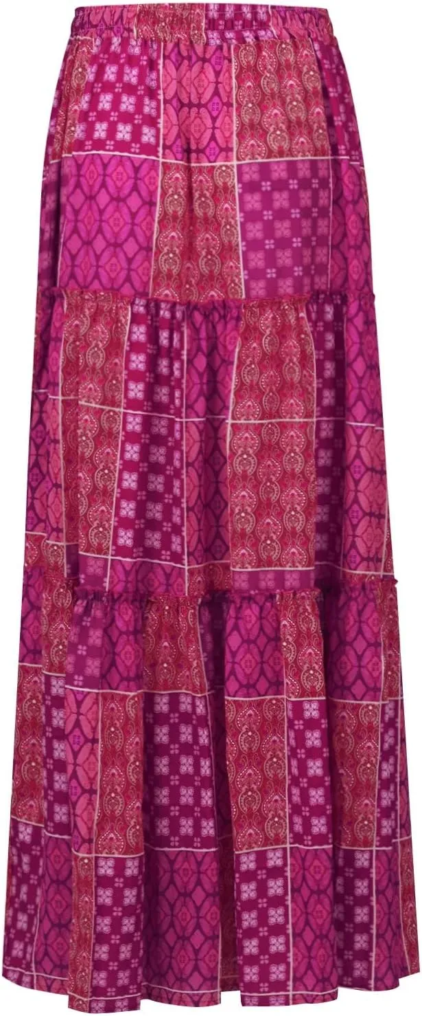 Long Boho Skirt for Women Casual High Waist Tie Paisley Print Maxi Skirt with Pockets Flowy Pleated Tiered Skirt