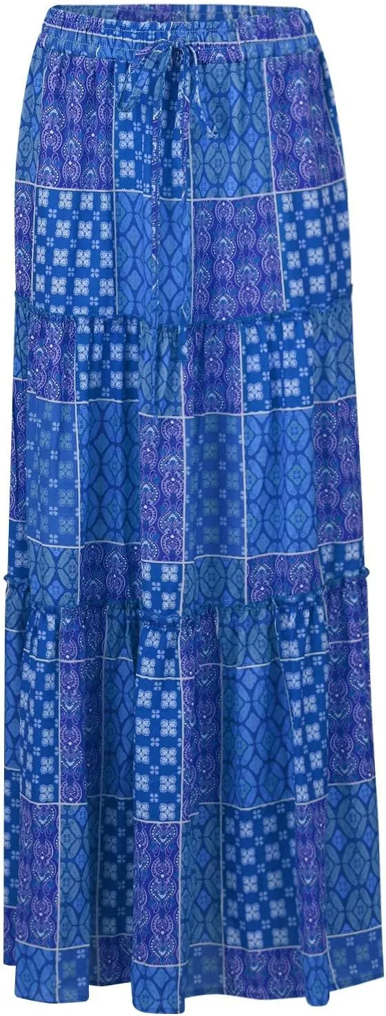 Long Boho Skirt for Women Casual High Waist Tie Paisley Print Maxi Skirt with Pockets Flowy Pleated Tiered Skirt