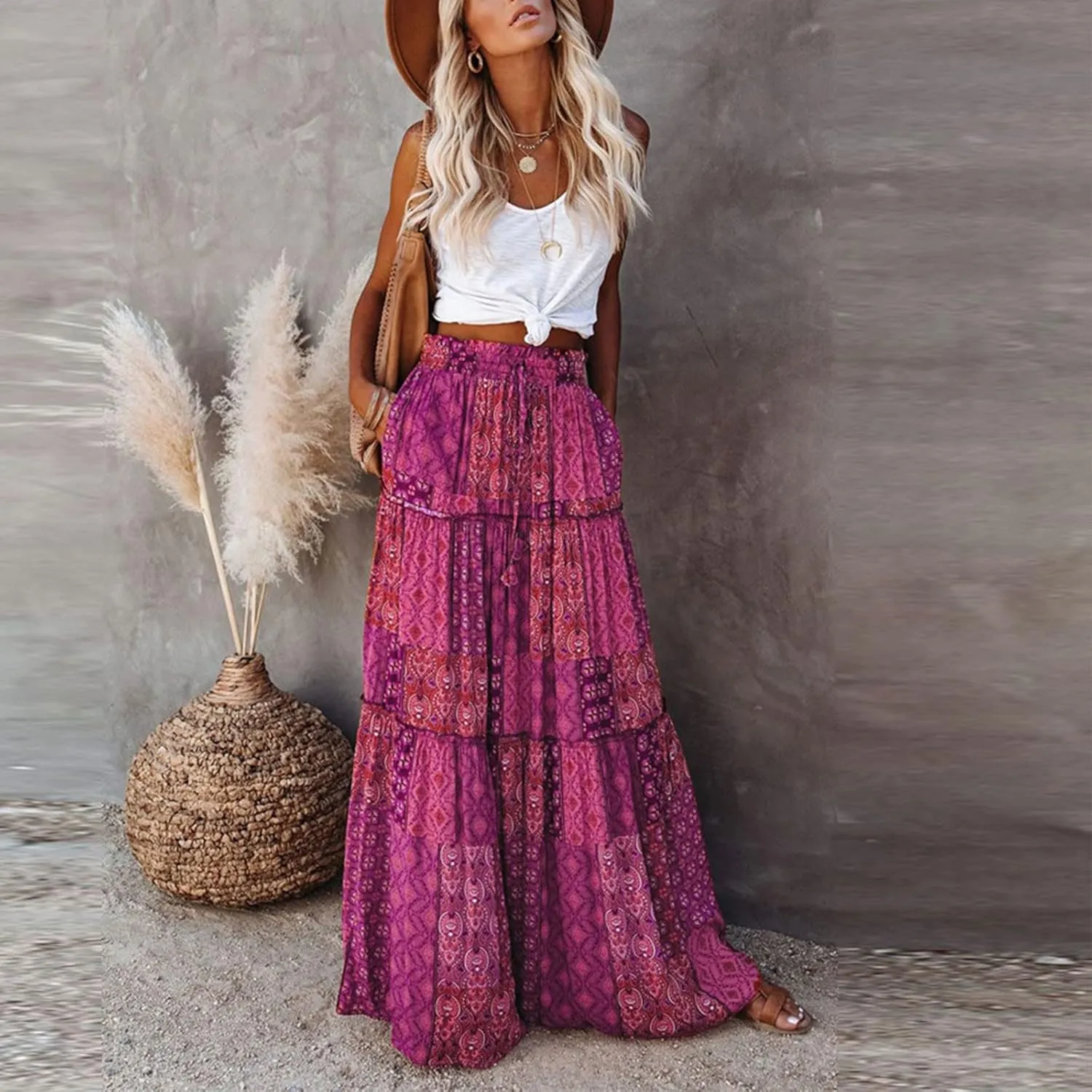 Long Boho Skirt for Women Casual High Waist Tie Paisley Print Maxi Skirt with Pockets Flowy Pleated Tiered Skirt