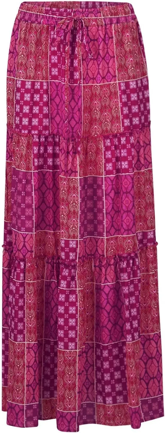Long Boho Skirt for Women Casual High Waist Tie Paisley Print Maxi Skirt with Pockets Flowy Pleated Tiered Skirt