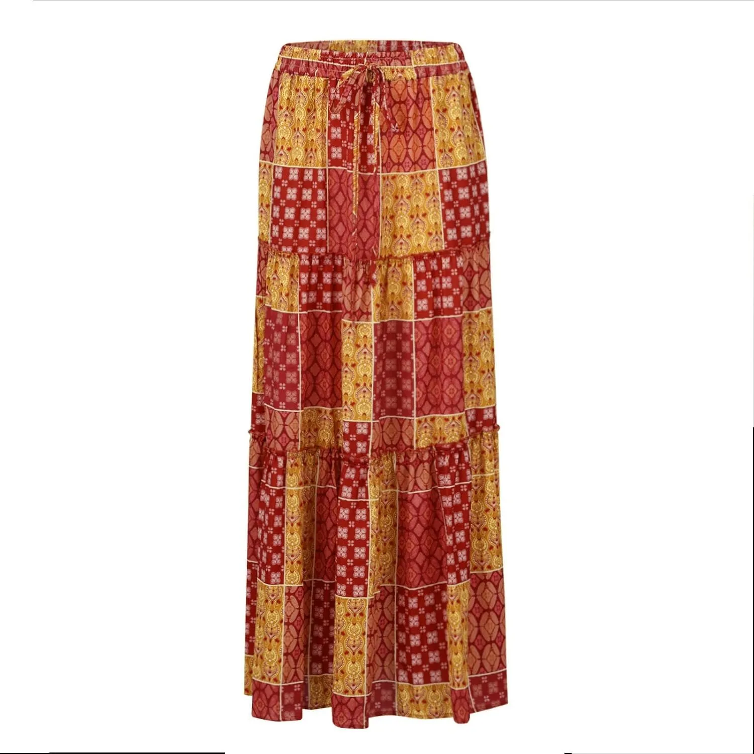 Long Boho Skirt for Women Casual High Waist Tie Paisley Print Maxi Skirt with Pockets Flowy Pleated Tiered Skirt