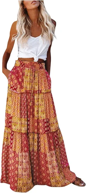 Long Boho Skirt for Women Casual High Waist Tie Paisley Print Maxi Skirt with Pockets Flowy Pleated Tiered Skirt