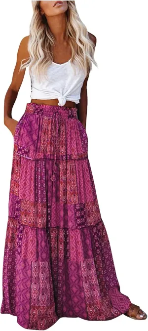 Long Boho Skirt for Women Casual High Waist Tie Paisley Print Maxi Skirt with Pockets Flowy Pleated Tiered Skirt