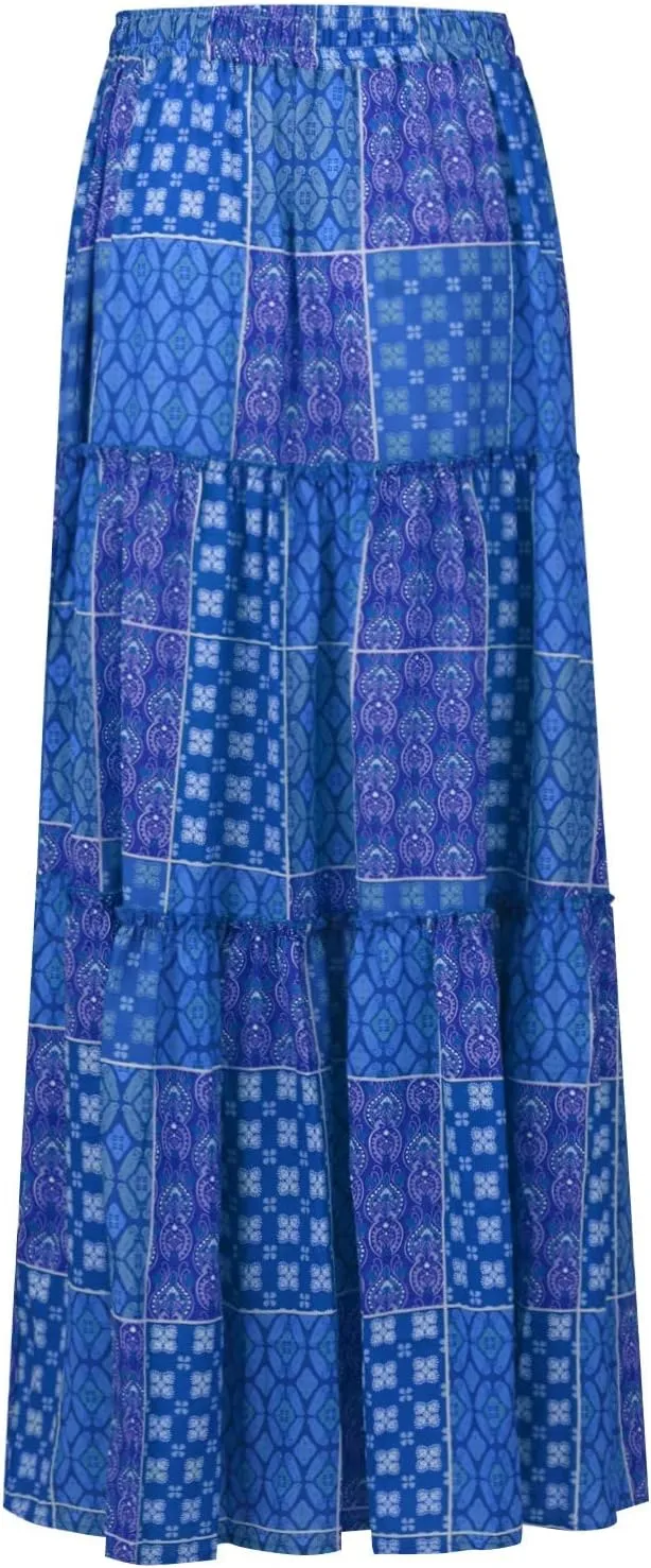 Long Boho Skirt for Women Casual High Waist Tie Paisley Print Maxi Skirt with Pockets Flowy Pleated Tiered Skirt