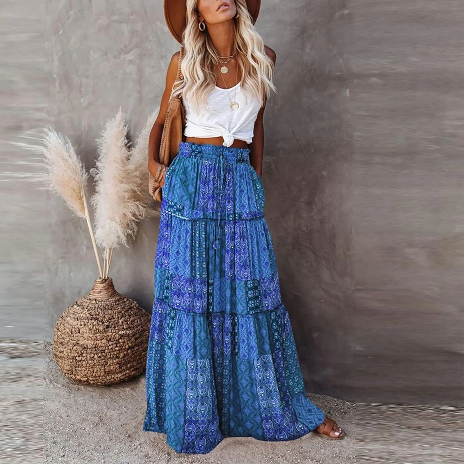 Long Boho Skirt for Women Casual High Waist Tie Paisley Print Maxi Skirt with Pockets Flowy Pleated Tiered Skirt