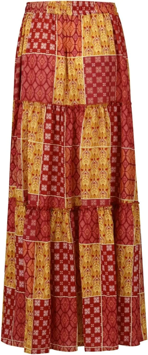 Long Boho Skirt for Women Casual High Waist Tie Paisley Print Maxi Skirt with Pockets Flowy Pleated Tiered Skirt