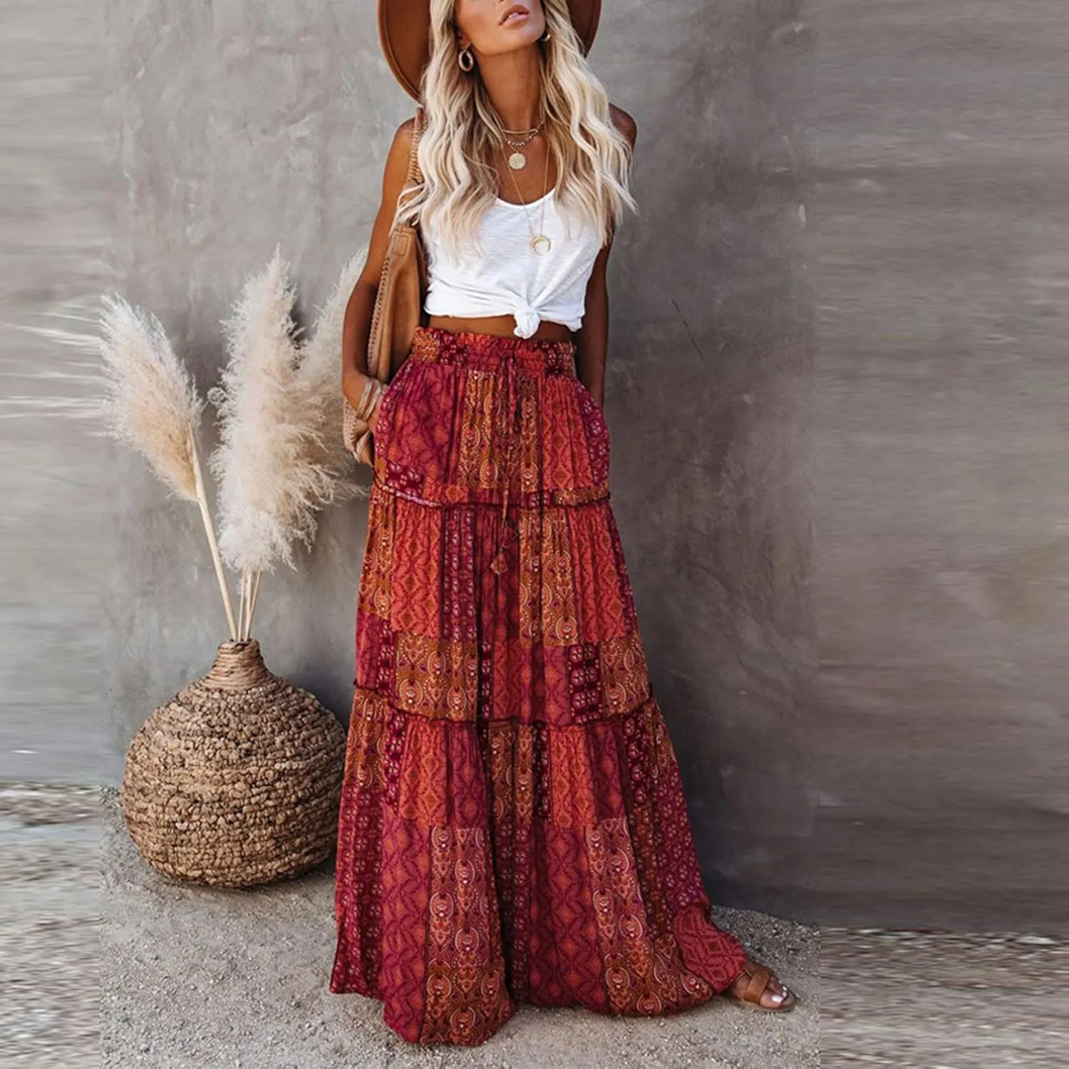 Long Boho Skirt for Women Casual High Waist Tie Paisley Print Maxi Skirt with Pockets Flowy Pleated Tiered Skirt