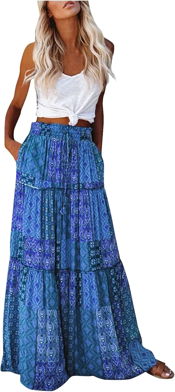 Long Boho Skirt for Women Casual High Waist Tie Paisley Print Maxi Skirt with Pockets Flowy Pleated Tiered Skirt