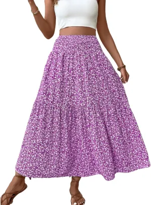 Long Flowy Skirts for Women Boho Chiffon Elastic High Waist Pleated A-Line Flared Maxi Skirt Summer Beach Skirts