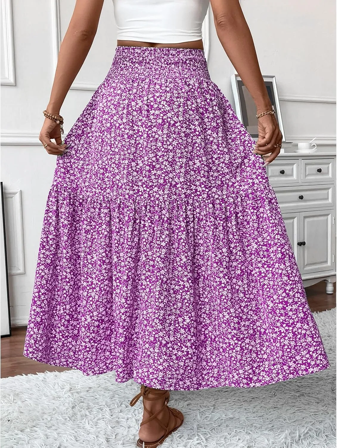 Long Flowy Skirts for Women Boho Chiffon Elastic High Waist Pleated A-Line Flared Maxi Skirt Summer Beach Skirts