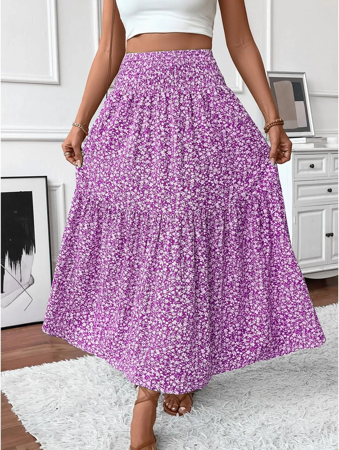 Long Flowy Skirts for Women Boho Chiffon Elastic High Waist Pleated A-Line Flared Maxi Skirt Summer Beach Skirts
