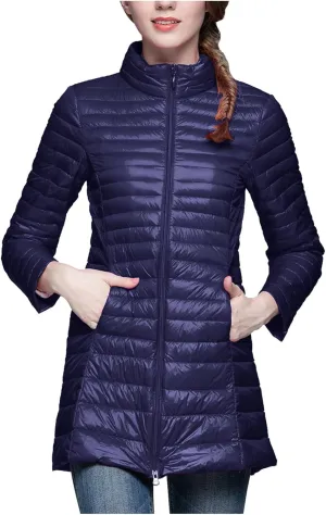 Long Puffer Jackets for Women Lightweight Packable Warm Winter Down Coats Casual Slim Fit Stand Collar Quilted Jacket